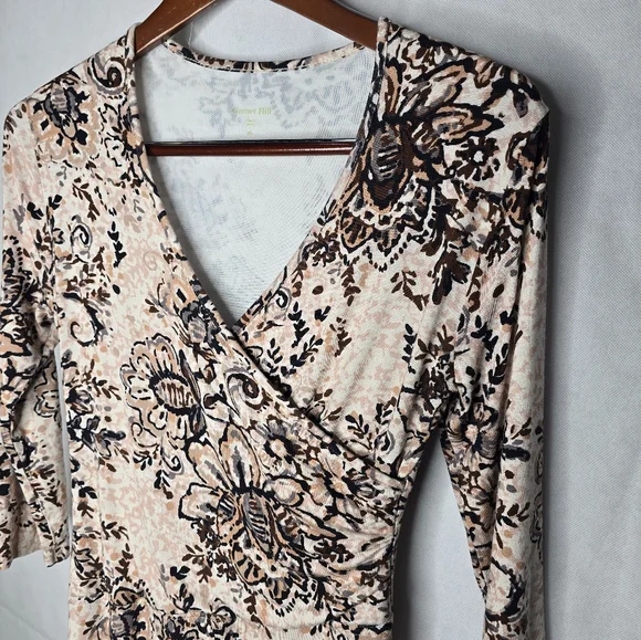 Garnet Hill Faux Wrap Dress Neutral Ivory Brown Floral Knee Length 3/4 Sleeve XS - Picture 3 of 12